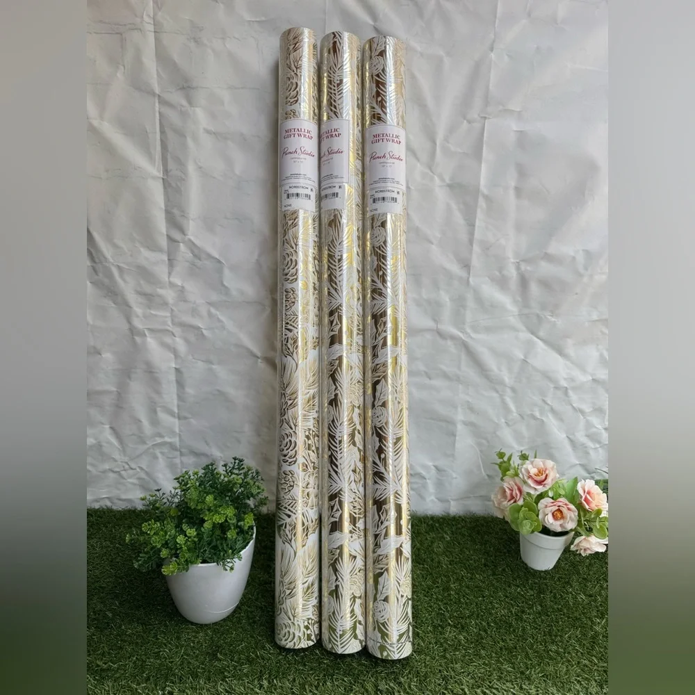 PUNCH STUDIO Christmas Gift Wrap Paper Roll Lot of 3 New Gold and White 30 X 10